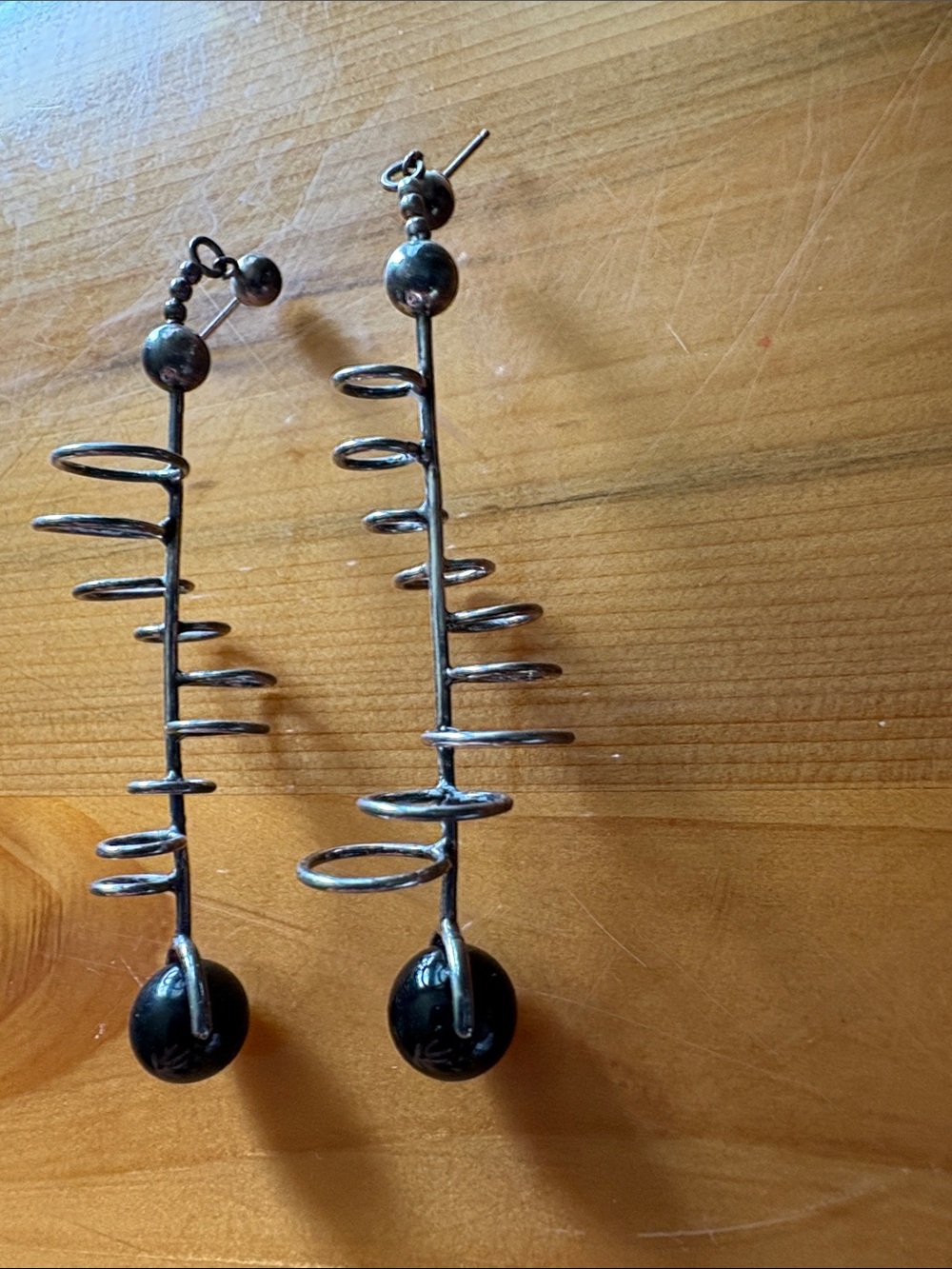 Silver-Tone Spiral Drop Earrings with Black Bead Accent - Picture 2 of 4